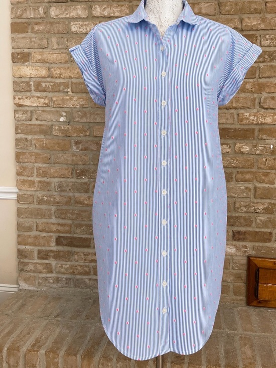 LOFT Dresses & Skirts - LOFT Blue & White Striped Shirt Dress Pink Embroidered Dot with lining. Sz M
